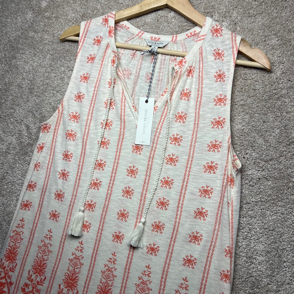 Lucky Brand Tassel V Neck Sleeveless Tank Top NWT Boho Coastal Coral Cream M - Picture 7 of 11